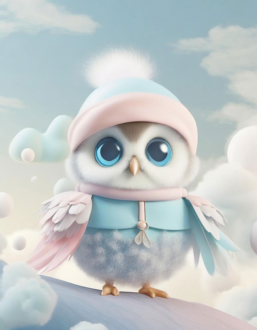Güzel tüylerden, bulutlardan yapılmış iri gözlü bir yavru baykuş illüstrasyon