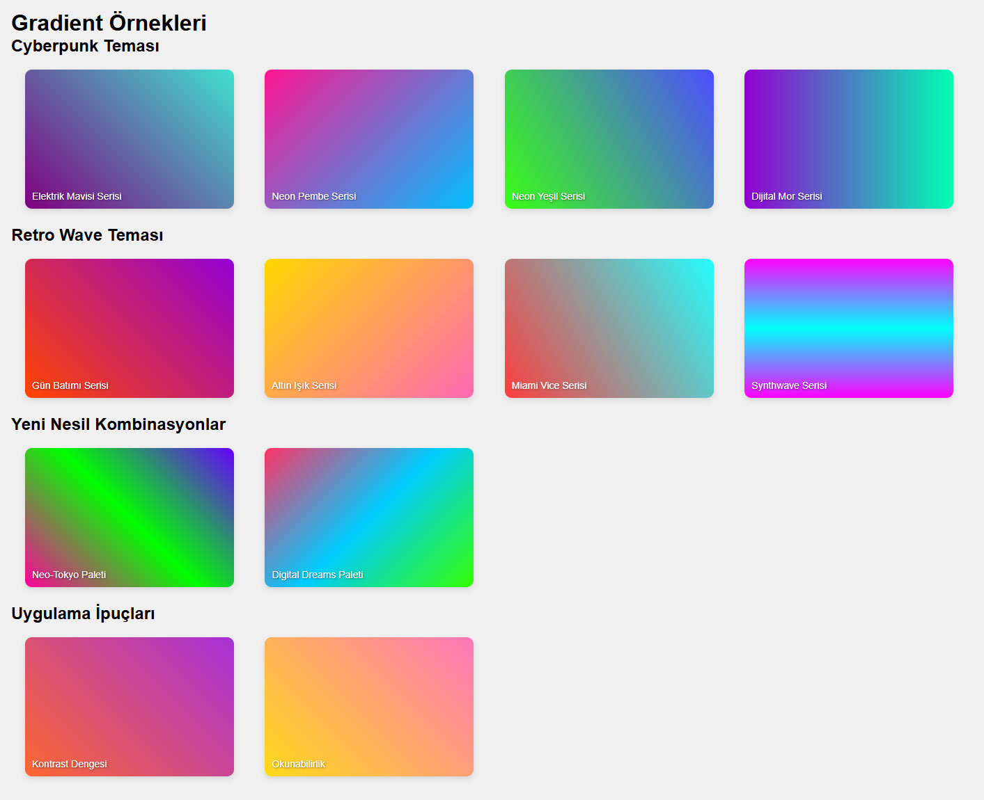 Neon gradient efektleri kullanım alanları ve örnekler